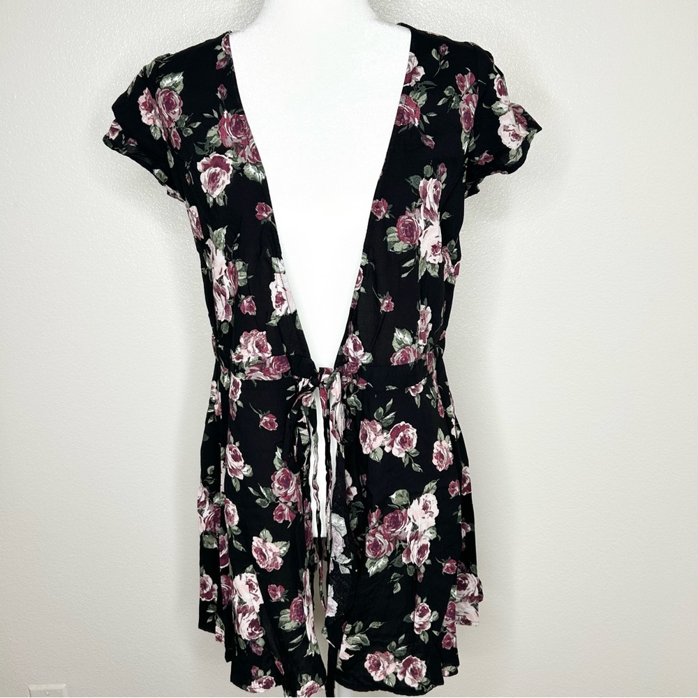 Full Tilt Womens Black Floral Tie-Front Kimono Cover up Size M